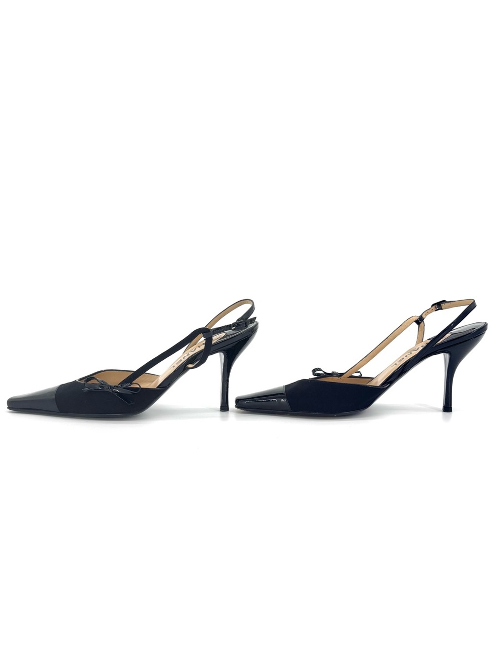 Chanel Vintage Bow CC Cap Toe Jersey Patent Pointed Toe Slingback Pumps 40 - Picture 4 of 10